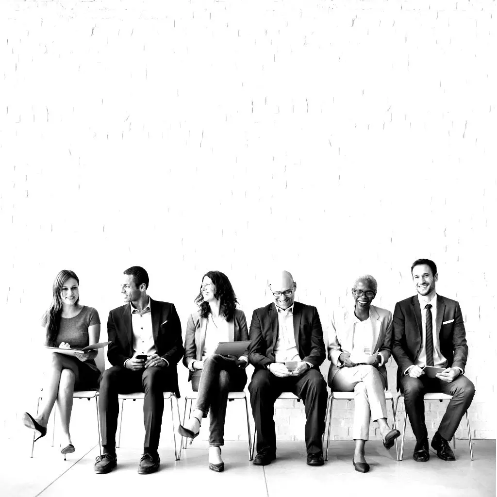 sechs Männer und Frauen sitzen auf Stühlen